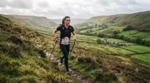 Ultramarathon runner wearing a Salomon hydration vest while training on a steep grassy hill in the Yorkshire Dales.