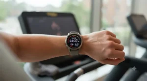 Close-up of a running watch display showing distance and pace during a treadmill session.
