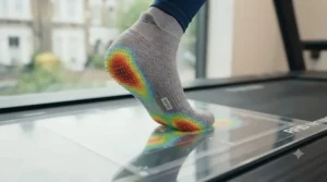 A biomechanical pressure map visualised on a runner's foot, showing how the sock effectively cushions high-pressure areas during a treadmill stride.