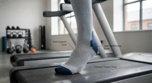 Close-up of padded zones in treadmill socks for improved shock absorption on gym machines.