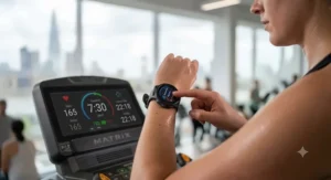 A view of the runner actively using her fitness tracker to log heart rate zones during an interval training session on a treadmill.
