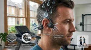 A side profile of an athlete wearing sweat-resistant, waterproof bone conduction headphones during an intense treadmill session.