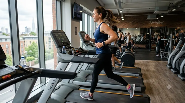 A woman in athletic gear running on a Matrix treadmill, wearing a fitness tracker, in a bright London gym overlooking the Shard. fitness tracker for treadmill workouts