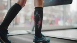 Woman running on a gym treadmill wearing colourful athletic compression socks.