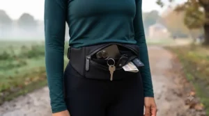 Fully adjustable elastic running belt for phones, providing a comfortable, custom fit for all body types.