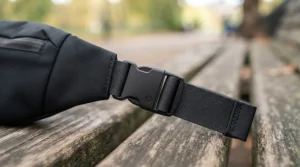 Demonstrating the bounce-free adjustable strap on a budget running waist bag