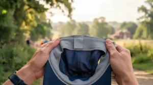 Rear view of an adjustable strap on a running hat ensuring a secure fit during outdoor workouts.