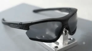 Anti-fog ventilated lenses on prescription running sunglasses for humid UK weather conditions.