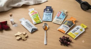 Flat lay arrangement of popular caffeine-free energy gels available in the UK sports nutrition market.