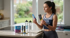 Fitness enthusiast holding both SOS and Precision Hydration products to choose the best sports drink.