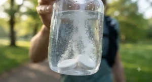 Close-up of effervescent electrolyte tablets dissolving in water, ideal for long-distance running hydration