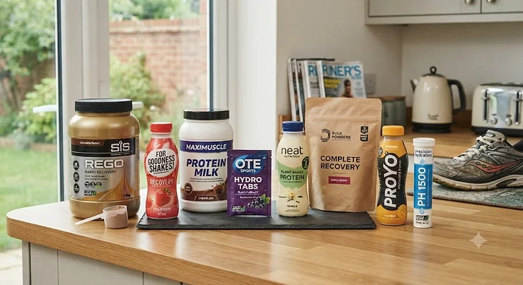 Selection of popular recovery drinks for runners displayed on a kitchen counter in the UK.