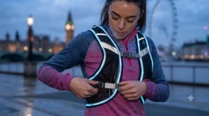 Close-up of an adjustable LED and reflective running vest worn over sportswear.