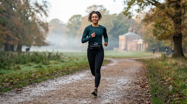 Runner wearing a secure running belt for a mobile phone while jogging through a British park. running belt for phone