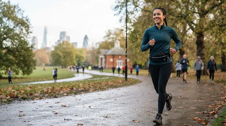 A runner wearing a sleek running waist belt in a London park, ideal for carrying keys and a smartphone securely during workouts. running waist belt