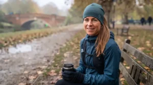 Runner smiling post-run while wearing a stylish thermal running hat on a chilly British winter morning.
