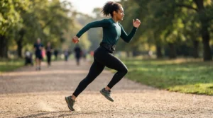 Side profile of a runner demonstrating a bounce-free running belt keeping a mobile phone steady during a sprint.