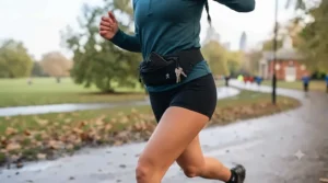 A runner sprinting comfortably along a country path, wearing a secure, bounce-free running waist belt.