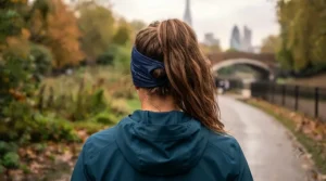Close-up of breathable, sweat-wicking fabric on a running headband designed for long hair.