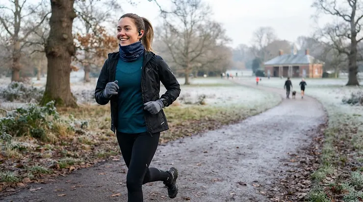 A runner wearing a thermal neck buff running through a frosty British park on a cold morning, staying warm during winter training. buff for running in winter