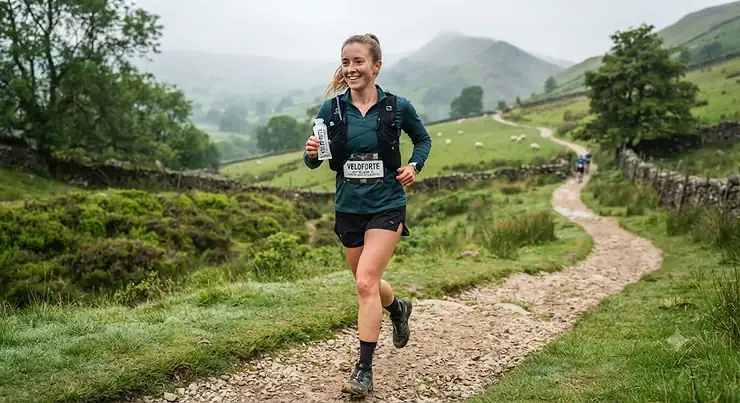 A female runner smiling while holding a caffeine-free energy gel during a trail race through the scenic, misty hills and dry stone walls of the British Peak District. caffeine-free energy gels for runners