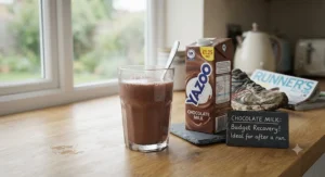 Glass of cold chocolate milk served as an affordable recovery drink for runners after a training session.