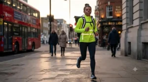 Urban commuter runner wearing a fluorescent hi-vis backpack with reflective webbing near a UK city street.