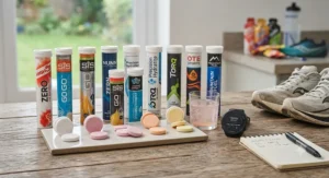 Various tubes and dissolvable electrolyte tablets for running arranged neatly on a wooden table for product review