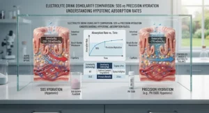 Scientific diagram illustrating hypotonic absorption rates of SOS and Precision Hydration drinks.