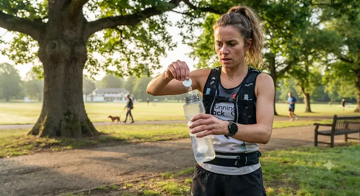 Runner dropping electrolyte tablets into a reusable water bottle before a morning training session in a British park