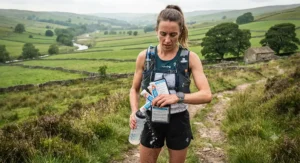 Marathon runner checking hydration strategy and electrolyte tablets during endurance training in the UK countryside
