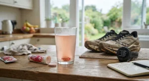 Post-run recovery setup featuring a glass of electrolyte water, running trainers, and a fitness watch displaying stats