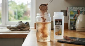 Close-up of electrolyte powder dissolving in water to create an effective recovery drink for runners.