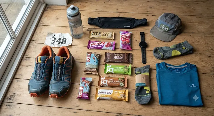 A flat lay of running gear including trainers, a water bottle, and energy bars for runners on a wooden floor.