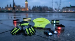 Flat lay of UK winter running accessories including a neon beanie, reflective gloves, and flashing armbands.
