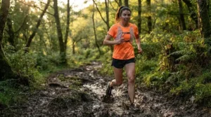 Trail runner stepping through muddy terrain wearing high-visibility gear and reflective trainers.