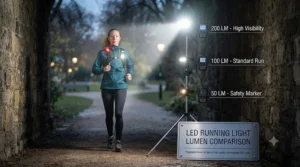 Infographic comparing the lumen brightness levels of different LED running lights for night running.