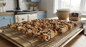 A batch of freshly baked homemade energy bars for runners cooling on a wire rack in a British kitchen.
