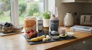Homemade smoothie ingredients arranged for making a natural recovery drink for runners in a British kitchen.