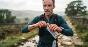 Close-up of a runner opening a caffeine-free energy gel packet during a marathon training run.