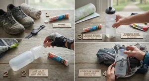 Step-by-step flat lay showing running gear, a sports water bottle, and tube of electrolyte tablets for running