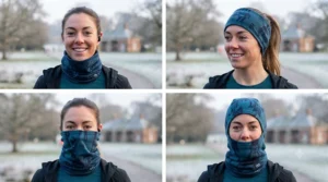 A four-panel illustration demonstrating multiple ways to wear a versatile running tube, including as a headband, neck warmer, and balaclava, in a frosty park.