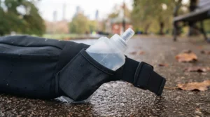 A hydration running waist belt featuring an ergonomic soft flask holder for long-distance weekend trail runs.