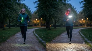 Comparison showing the superior illumination range of LED running lights compared to standard glow sticks.