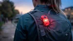 Lightweight clip-on LED running light attached firmly to the strap of a running backpack.