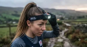 Rear view of a runner adjusting the secure, anti-slip strap on a lightweight running headtorch designed for steady movement.