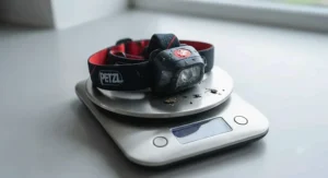 A compact running headtorch sitting on a digital scale to demonstrate its ultralight, bounce-free design under £30.