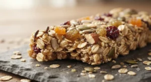 A close-up macro photograph showing the texture of an oat-based energy bar for runners packed with seeds and fruit.