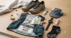 Marathon race-day kit flat lay featuring running shoes, race number, and caffeine-free energy gels.