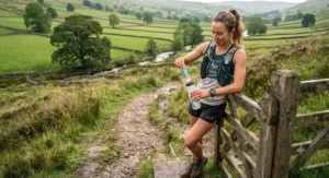 Trail runner taking a hydration break by a stile in the British countryside while using electrolyte tablets for running